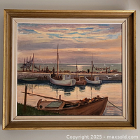 Straight-on view of the entire framed oil painting showing composition and colors