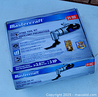 Box showing Mastercraft branded air-powered oscillating tool kit with 21 pieces and specifications