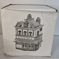 Box of Department 56 Theatre Royal with black-and-white image of the building on it, showing condition of packaging.