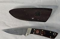 Fixed blade knife with wood handle and leather sheath on white background