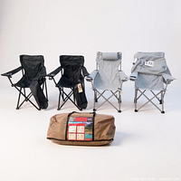 Front view of four folding chairs and Ventura camp combo bag