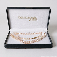 Necklace coiled inside open Davidson's Jewellers box showing full strand