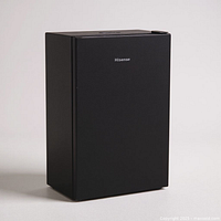 Front three-quarter view of black Hisense mini fridge