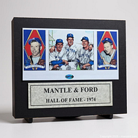 Front view of black mat board display with card images, photo, signatures, and title plaque