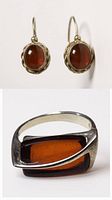 Composite image showing pair of oval amber earrings and rectangular amber ring