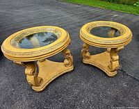 Pair of round Schnadig end tables, top view and overall design