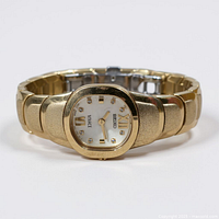 Front view of Seiko Vivace gold-tone wristwatch showing bracelet and dial details
