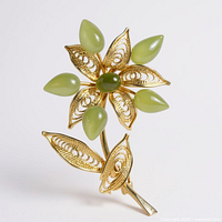 Front view of gold tone filigree jade floral brooch