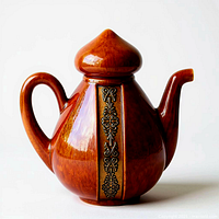 Front view of brown glazed Hall China teapot with gold vertical band