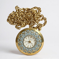 Front of Lucerne pendant watch showing blue enamel starburst and dial with attached chain