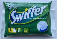 Front of sealed Swiffer dry wipes package showing brand, product type and quantity of 8