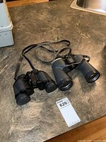 Two pairs of binoculars, one larger pair labeled Bushnell Insta-Focus Explorer and one smaller black pair, both with neck straps, shown on brown countertop.