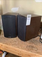Pair of Paradigm bookshelf speakers with wood grain sides and black fabric speaker grills, showing front and side views.