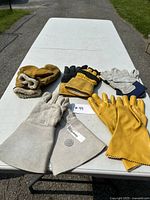 Set of 5 different gloves and mitts laid out on a table, showing variety in materials and purpose.