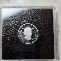 Silver proof Canadian dime featuring Queen Elizabeth II, displayed in protective hard plastic capsule with a textured background.