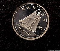 Obverse side of 2017 Canadian silver proof 10 cent coin showing a sailboat design and date