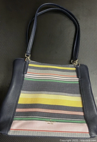 Front view of Kate Spade handbag showing colorful stripes and leather side panels