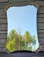 Full image of the large wall mirror reflecting trees and sky.