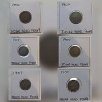 Group photo showing all six Indian Head pennies dated 1906 (2), 1907 (3), and 1908 (1) in labeled 2x2 holders.