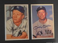 Two images of Mickey Mantle, signed, displayed side by side on blue mat board