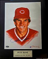 Front view of Pete Rose signed baseball portrait, featuring detailed colored portrait of Pete Rose in Cincinnati Reds uniform, signed by Pete Rose and Ron Lewis with MLB hologram sticker.