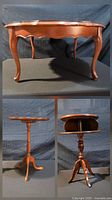 Wooden coffee table with scalloped apron and cabriole legs, removable glass top shown in top photo, and two side tables with tripod carved legs and turned central columns shown on bottom photos