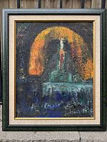 Frontal image of the framed oil painting depicting a candle with a flame in abstract style using cobalt blue, fire orange, and teal colors with heavy paint texture.