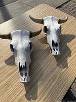 Two white ceramic skulls with brown horns placed on a wooden surface, in sunlight for clear detail.