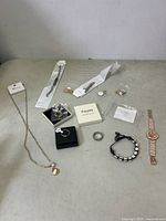 Overview of all jewelry items including necklaces, bracelets, rings, earrings, and watches on surface.