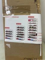 Photo of box assembly diagram showing shoe rack configurations for 5, 7, and 10 shelves.