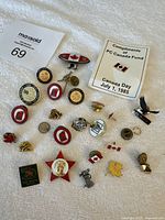 Top-down view of entire collection of approximately 24 Canadian commemorative lapel pins on white surface