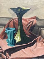 Abstract oil painting depicting two vases, one tall flared dark vase and one shorter turquoise vase with ridges, placed on draped reddish fabric.
