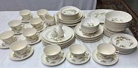 Overview of all 80-piece set including cups, saucers, plates, bowls, salt and pepper shakers and creamer