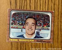 Front of 1966-67 Topps Frank Mahovlich hockey card showing player portrait and name.