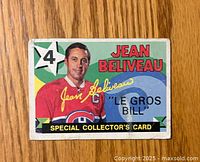 Front side of the 1971-72 O-Pee-Chee Jean Beliveau hockey card showing his portrait, autograph facsimile, and nickname.