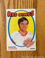 Front side of the 1971-72 O-Pee-Chee Marcel Dionne rookie hockey card showing player image and team info.