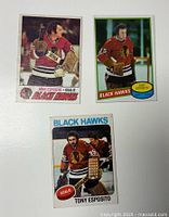 Three Tony Esposito Blackhawks hockey cards front side showing player in goalie gear with different card designs and branding.