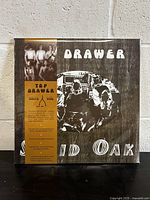 Front cover of sealed Top Drawer Solid Oak vinyl record showing band photos, typography, and wood grain design.