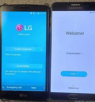 LG G4 and Samsung Galaxy Note phones front view with welcome screens in English (Canada) language selection mode shown.