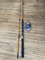Full view of the fishing rod laid on a wooden floor, showing its 2-piece construction and black handle.