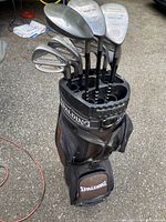 Full view of all clubs in Spalding golf bag showing club head numbers and bag