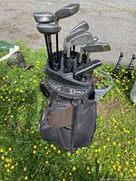 Full view of Spalding golf bag filled with multiple golf clubs outdoors on grass with yellow flowers.