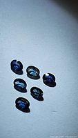 Seven natural oval cut blue sapphire gemstones arranged on a white surface with visible excellent deep blue color and clarity under light.
