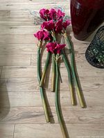 six artificial amaryllis stems laid on floor beside vase base and birdcage
