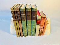 Side view of 12 books standing upright, showing titles and worn dust jackets in brown, green, off-white, and red tones.