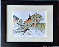 Framed original watercolour painting depicting stone buildings and snowy landscape.