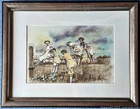 Framed watercolour painting showing children climbing a fence, the full artwork and frame visible.