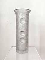Full view of tall clear textured glass vase with circular dimples on the body and flared rim.