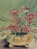 Close-up detail of oil painting flowers in beige vase showing brush strokes and color detail.