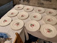 Set of 12 dinner plates displayed on a table, showing floral pattern and lattice rim detail